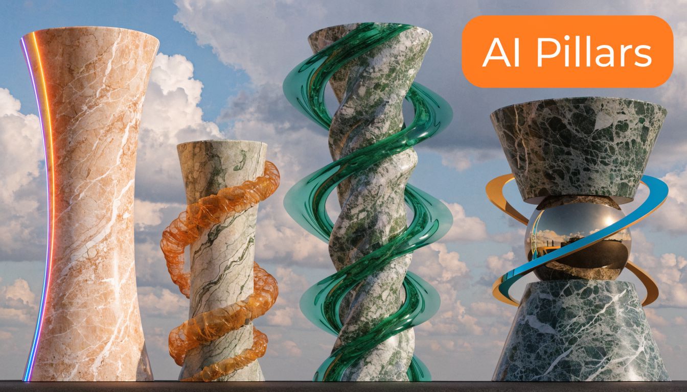 A creative illustration featuring four distinct marble-textured pillars set against a cloudy blue sky background.