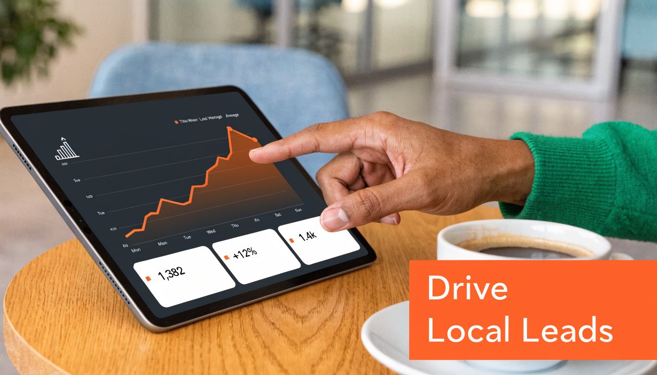 A person using a tablet to view business growth analytics with the text Drive Local Leads displayed.