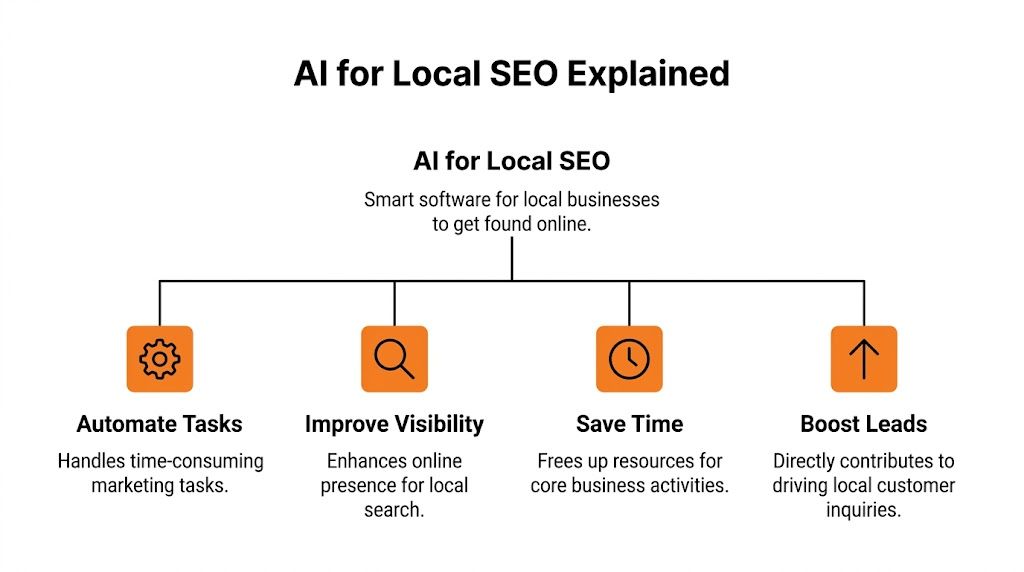A diagram illustrating how AI for local SEO helps businesses automate tasks and boost customer leads.