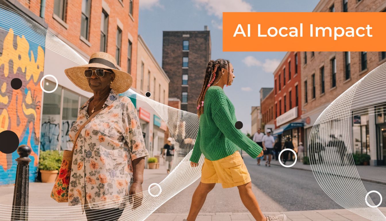 Two women walking down a city street with digital graphic wave overlays and artificial intelligence concept.