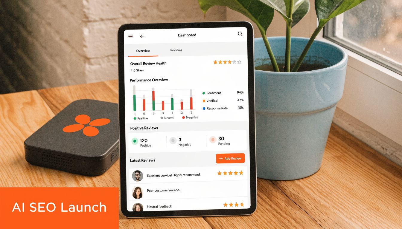 A digital tablet displaying an AI-powered SEO review management dashboard on a wooden desk next to a plant.