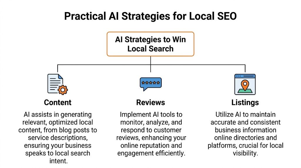 A diagram illustrating three key AI strategies for improving local search engine optimization, focusing on content, reviews, and listings.