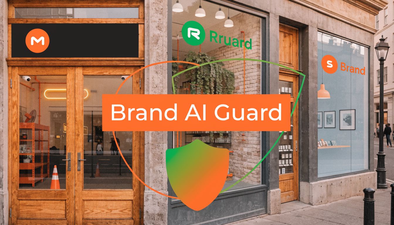 A modern storefront building facade featuring the Brand AI Guard logo and branding on the window displays.