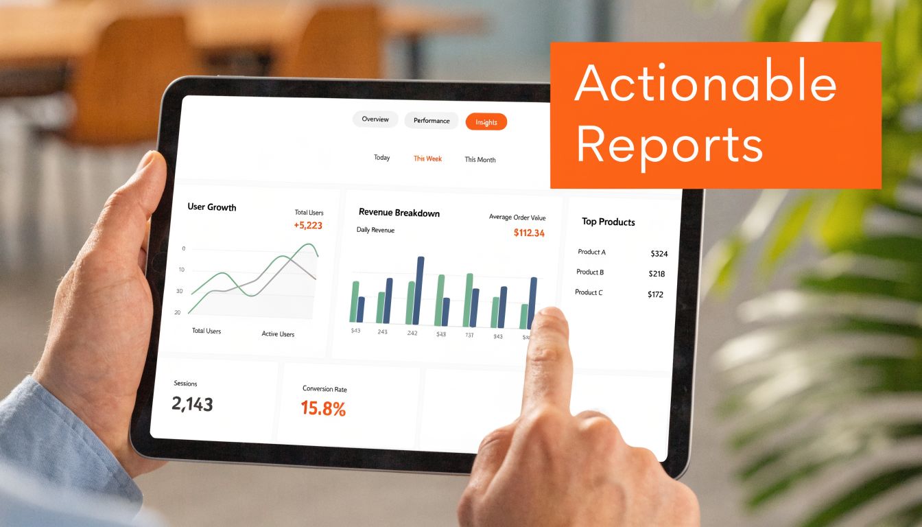 A person using a tablet to view business analytics charts and sales performance data on a digital dashboard.