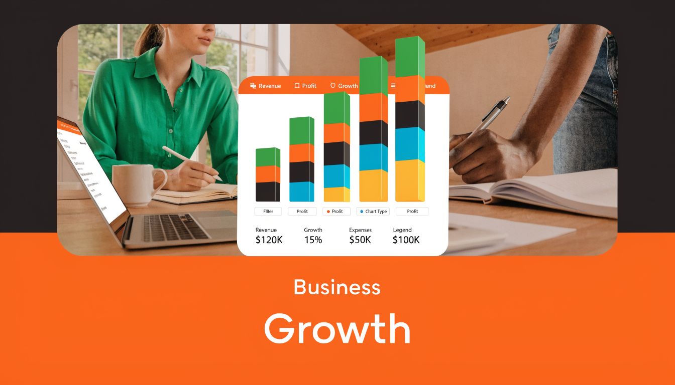 A professional business growth chart displayed on a screen with people writing in notebooks in the background.
