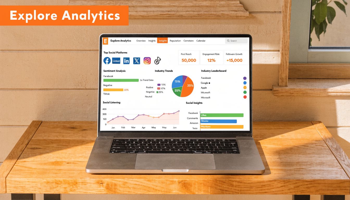 A laptop on a wooden desk displaying an Explore Analytics dashboard with social media metrics and charts.