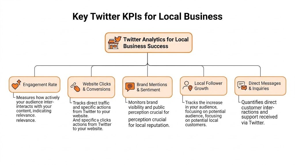 A diagram outlining key Twitter performance indicators for local businesses, including engagement, website clicks, and follower growth.