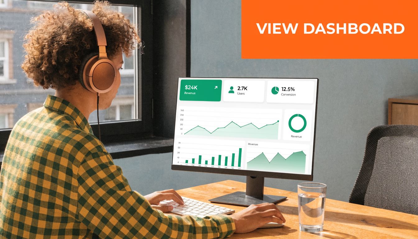 A person wearing headphones works on a computer displaying a business analytics dashboard at their desk.