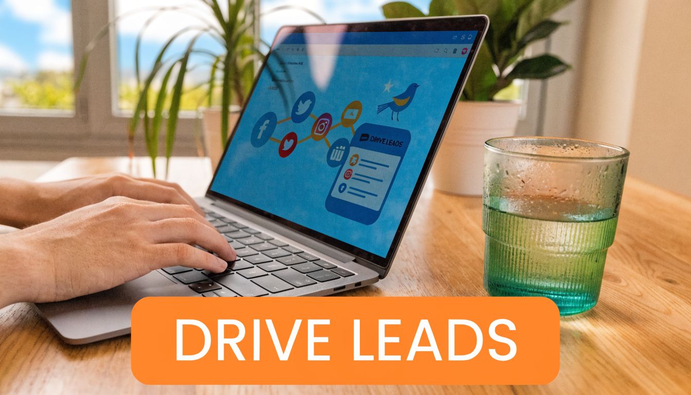 A person working on a laptop displaying a social media marketing and lead generation dashboard interface.