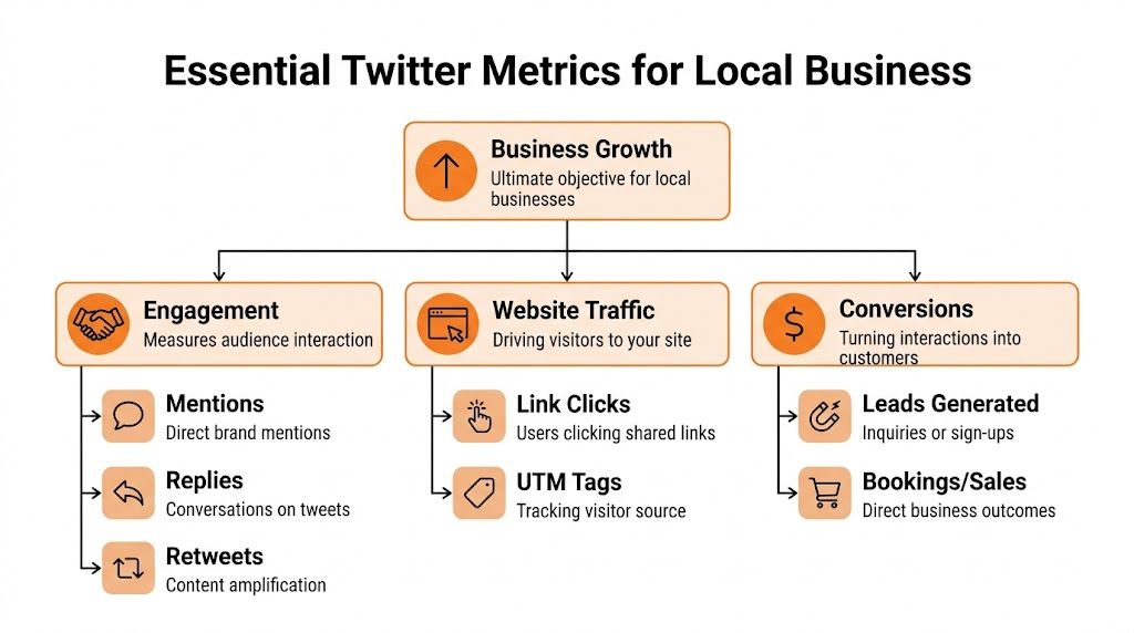 A diagram outlining essential Twitter metrics for local businesses categorized by engagement, website traffic, and conversions.