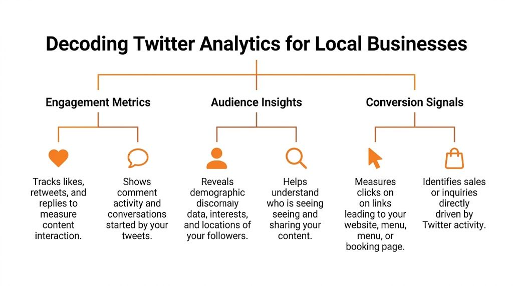A diagram outlining key Twitter analytics categories for local businesses, including engagement metrics, audience insights, and conversion signals.