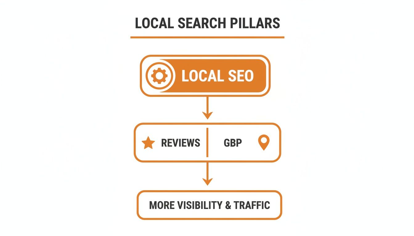 Flowchart outlining local search pillars: Local SEO, reviews, and GBP leading to increased visibility and traffic.