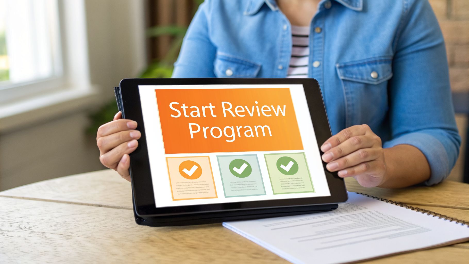 A person holds a tablet displaying a 'Start Review Program' interface with three green checkmarks.