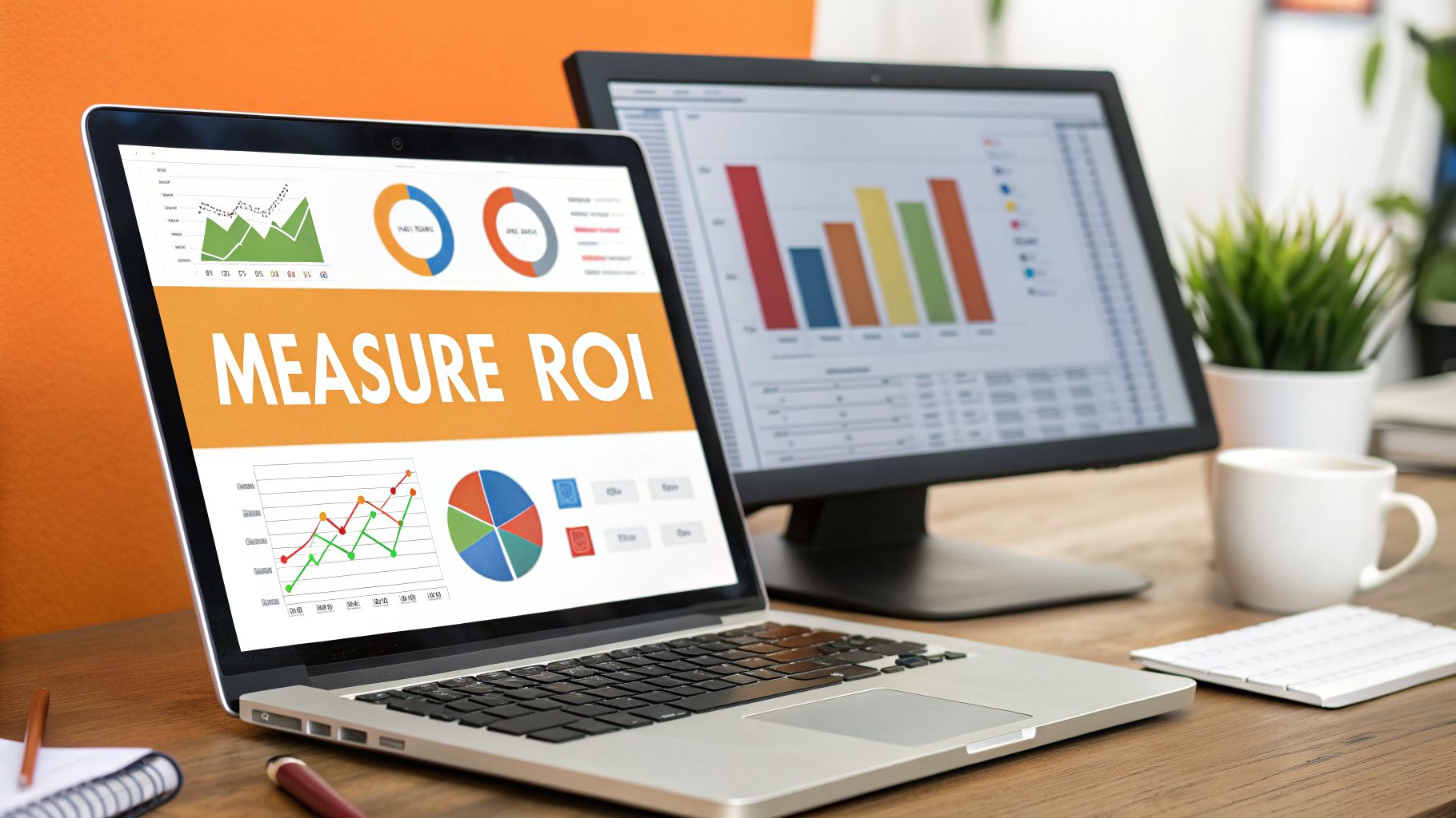 Laptop and monitor displaying business analytics, charts, and 'MEASURE ROI' text on a desk.