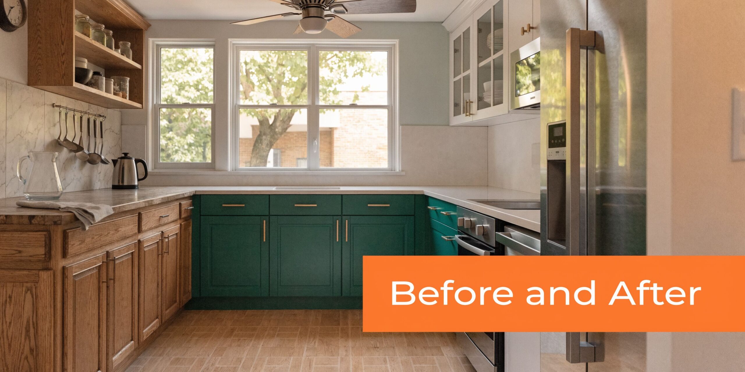 A renovated kitchen featuring a mix of natural wood cabinets and modern green lower cabinetry.