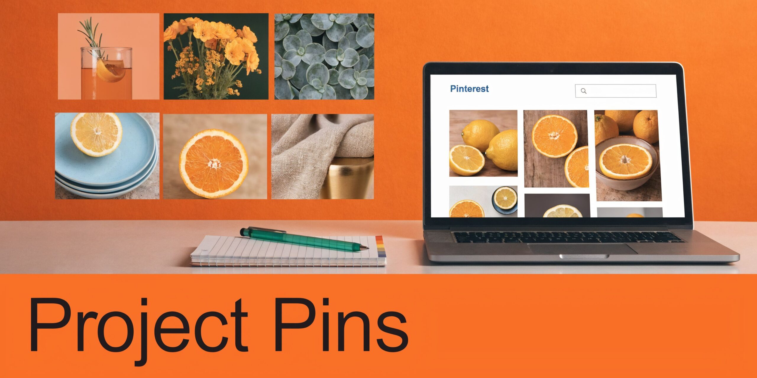 A laptop displaying a Pinterest page with citrus images on a desk beside a notepad and pen.