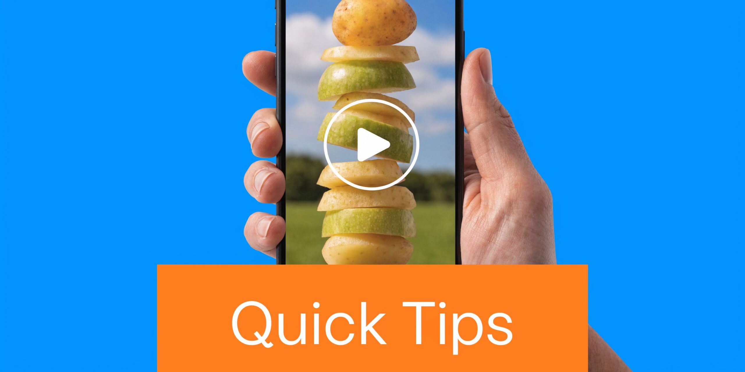 A smartphone held in hand displaying a video of stacked potato and apple slices against a blue background.