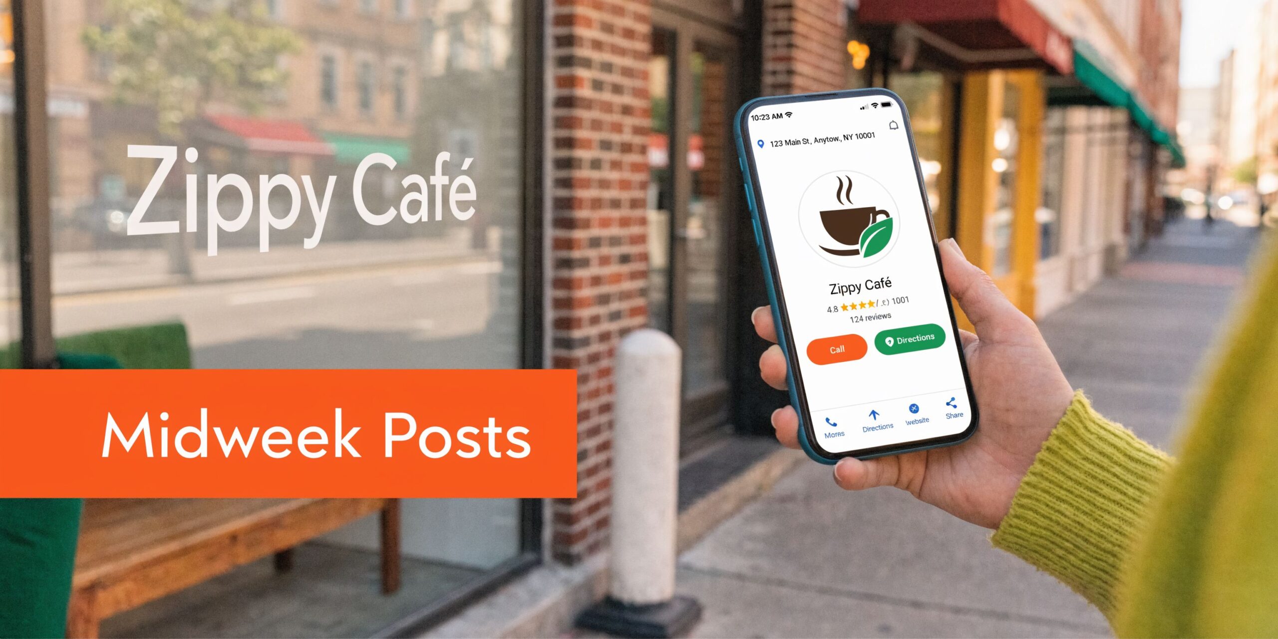 A hand holding a smartphone showing a Zippy Cafe business profile in front of the actual cafe store.