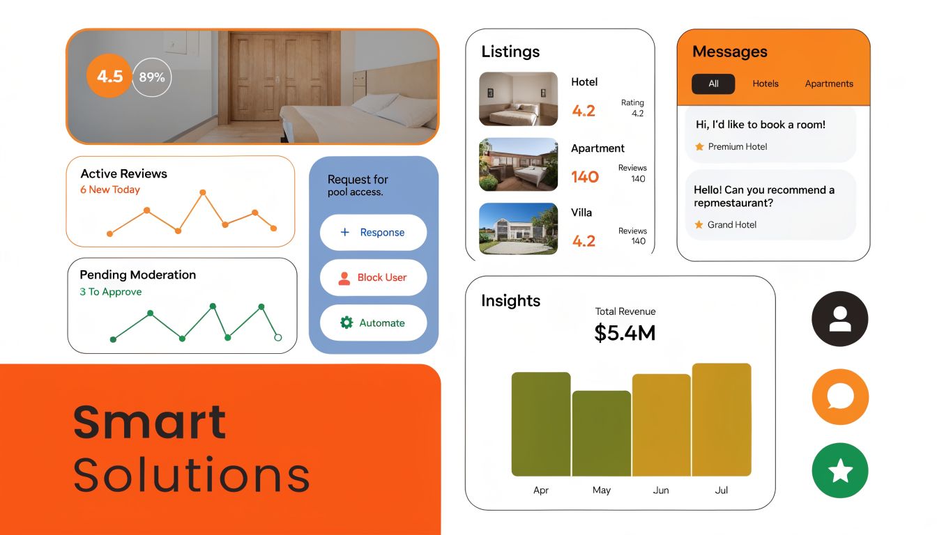 A modern dashboard interface for hospitality management showing business analytics, property listings, user reviews, and revenue insights.