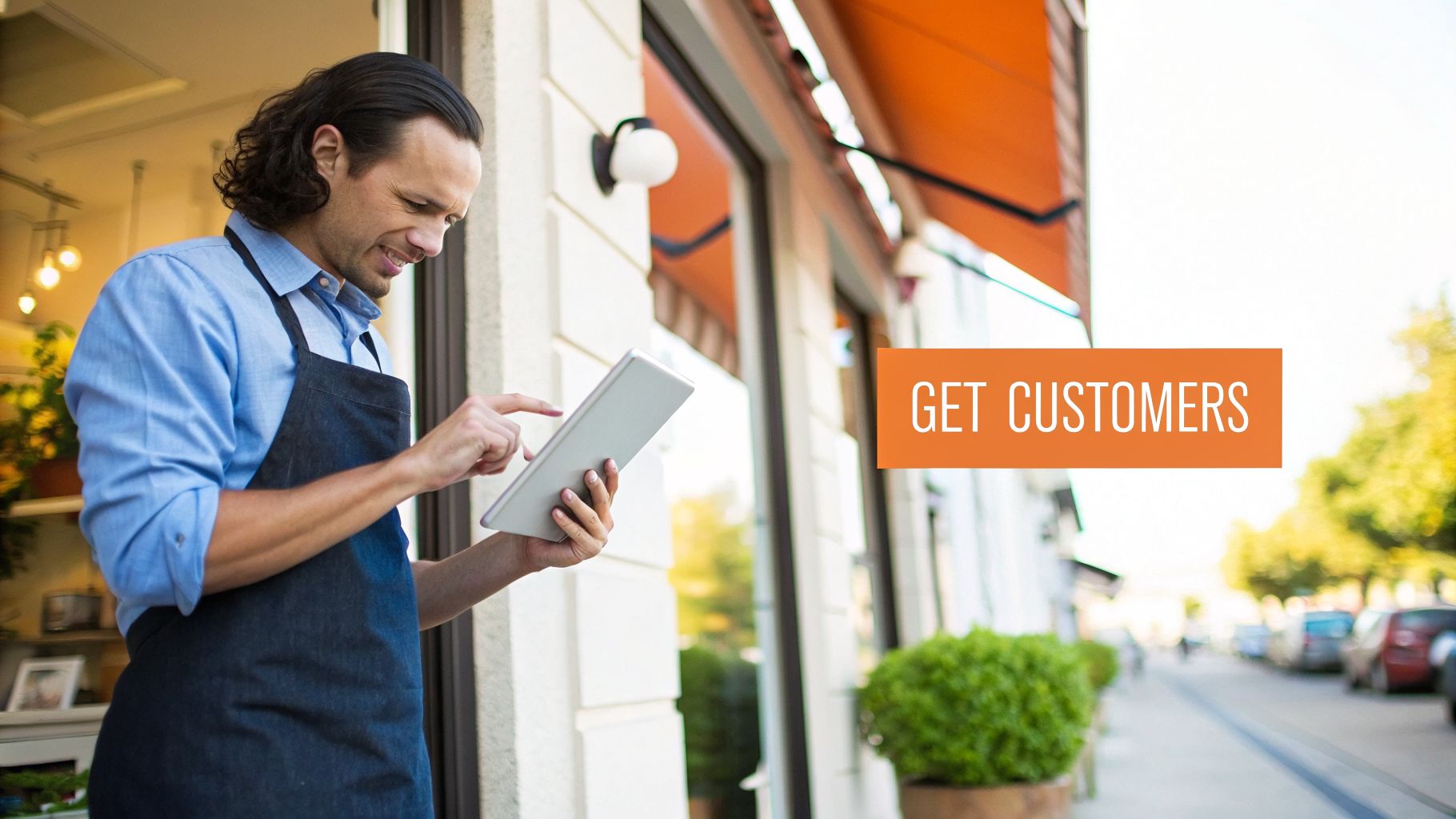 A smiling small business owner in an apron uses a tablet to "GET CUSTOMERS" outside his shop.