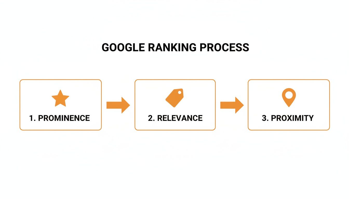 Infographic detailing the Google ranking process, highlighting prominence, relevance, and proximity factors.