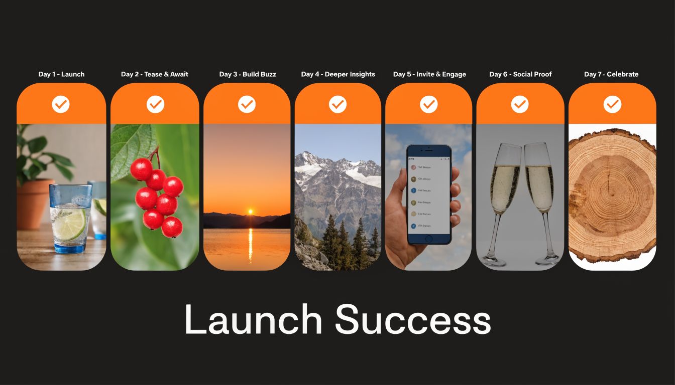 A seven-day promotional schedule infographic titled Launch Success, featuring daily themes and corresponding stock photography images.