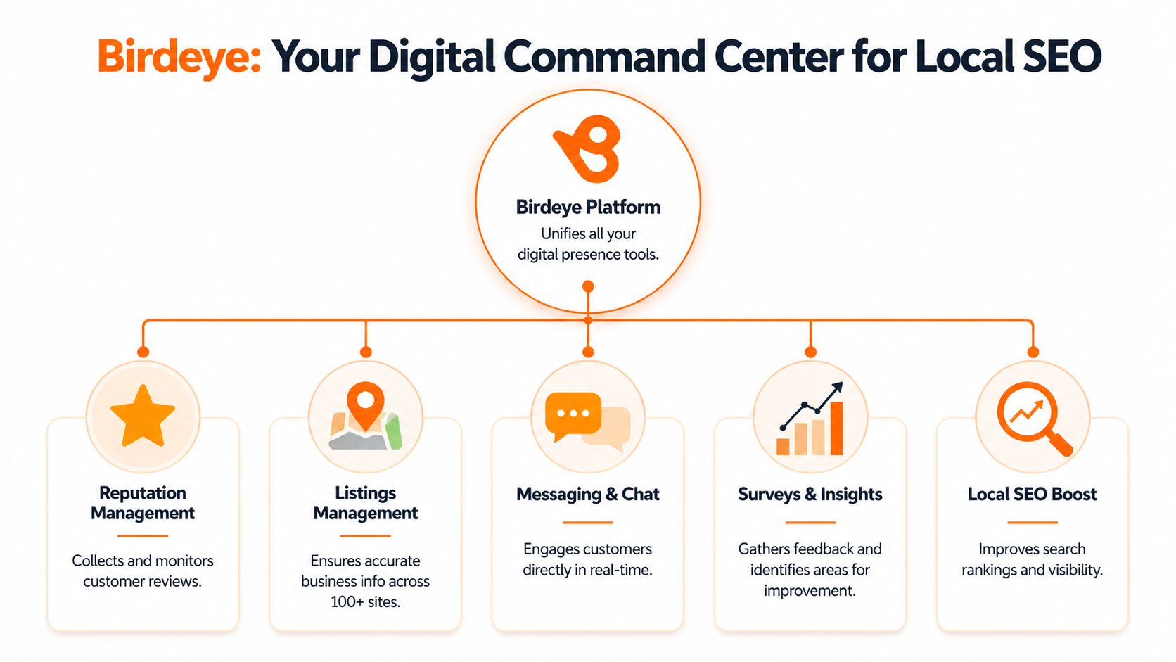 An organizational chart showing the Birdeye platform central hub connecting to its five main digital business tools.