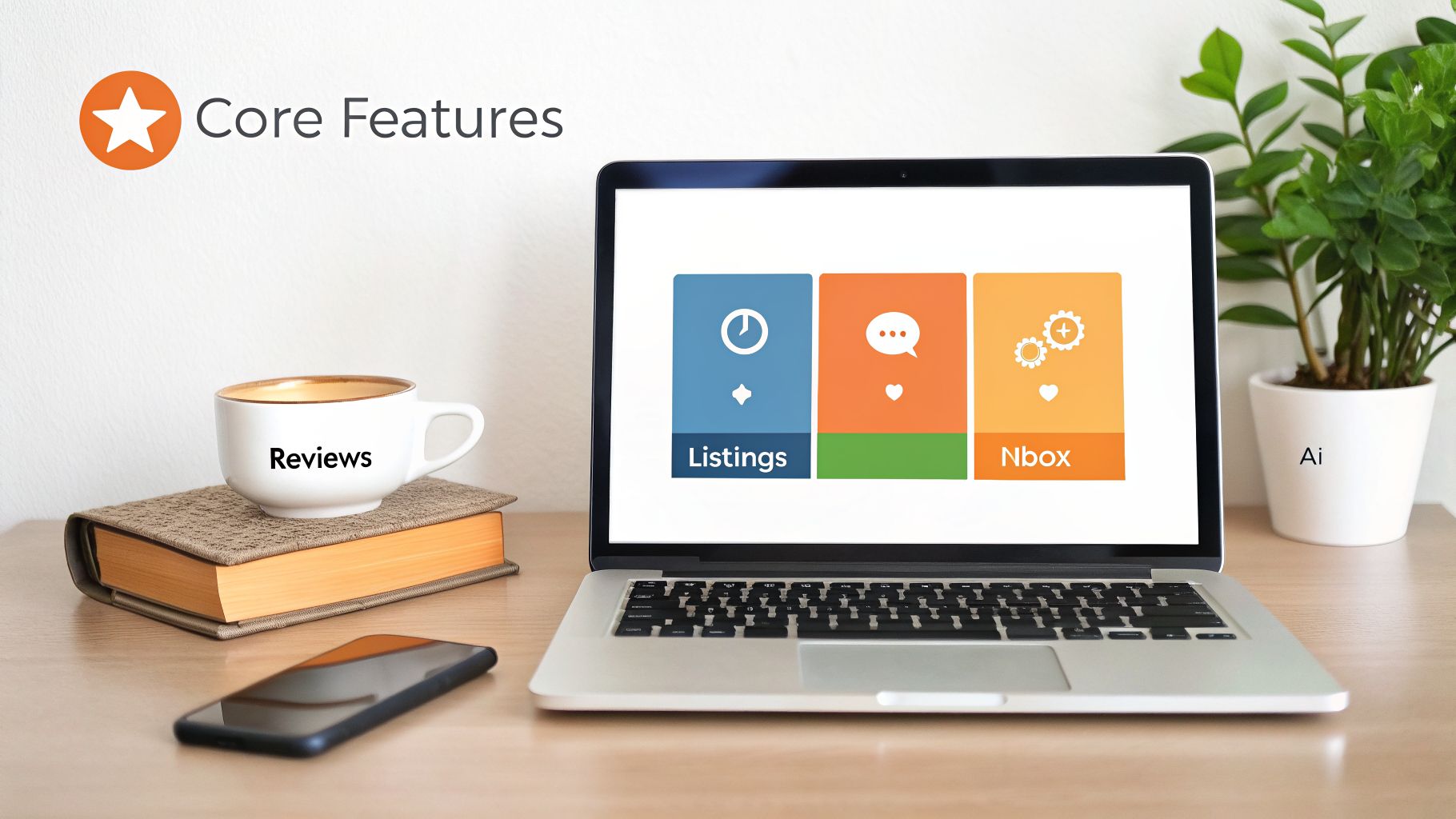 Workspace with a laptop displaying 'Core Features' including 'Listings' and 'Nbox,' a 'Reviews' coffee cup, and an 'Ai' plant.