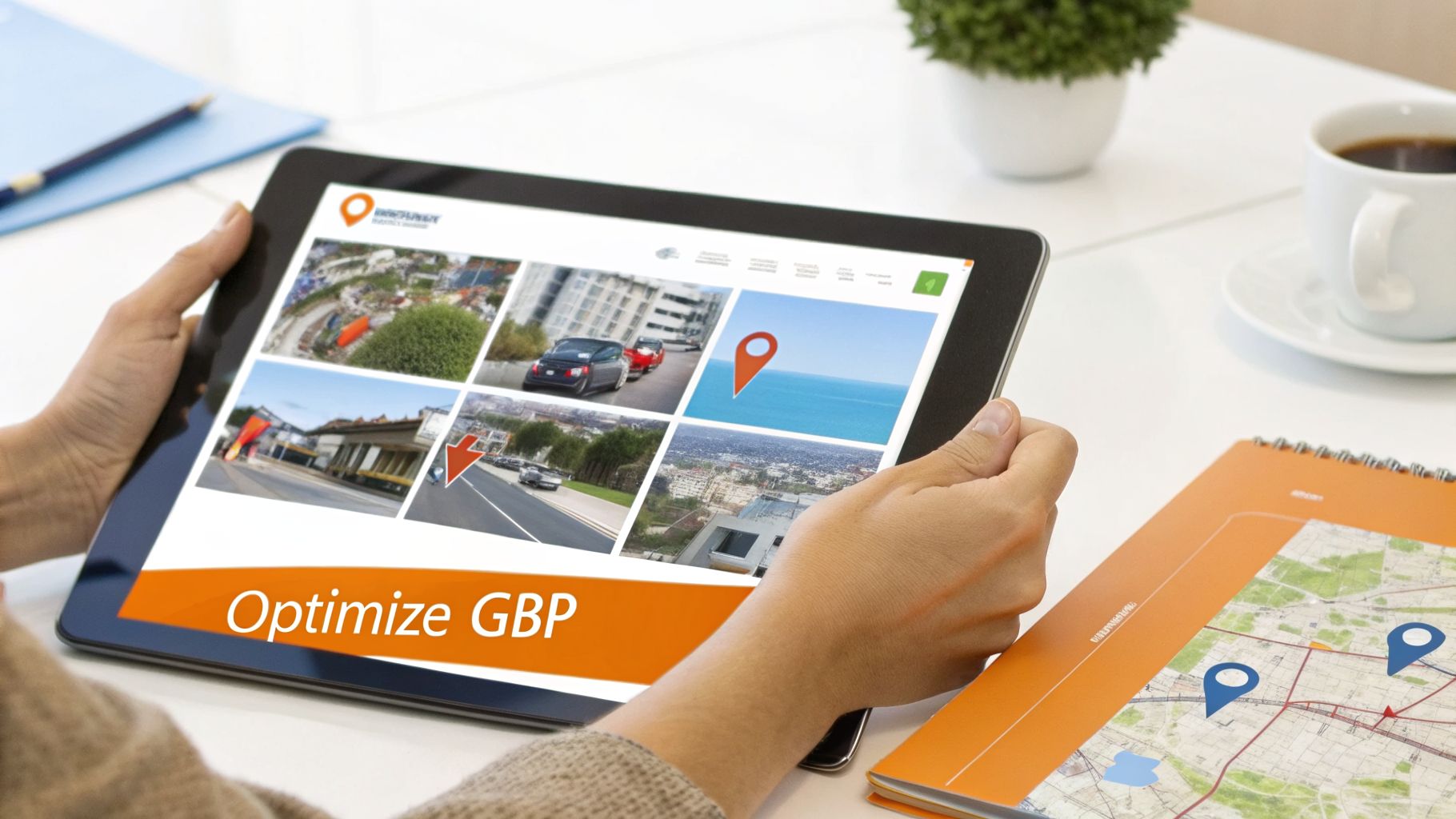A person holds a tablet displaying a website with location images and 'Optimize GBP' text, next to a map.