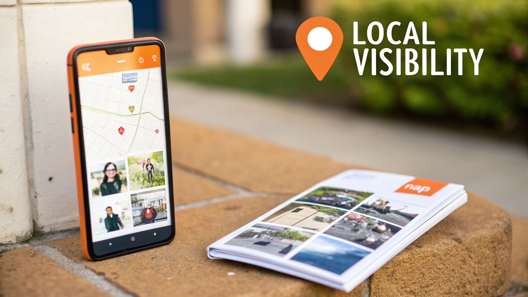 Smartphone showing a map app with location pins and photos, next to a brochure, representing local visibility.