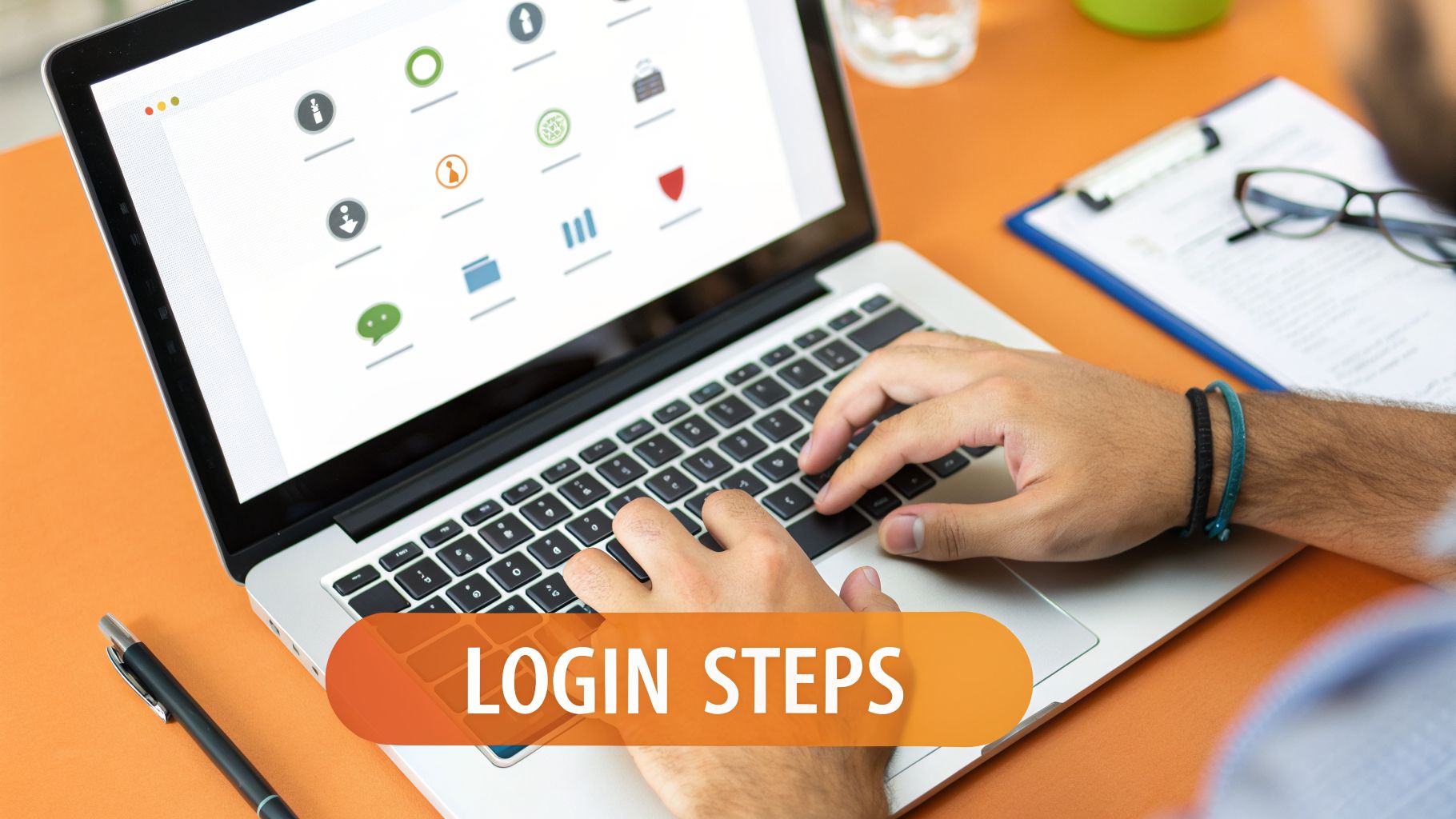 A person types on a laptop displaying application icons, with a 'LOGIN STEPS' text overlay.