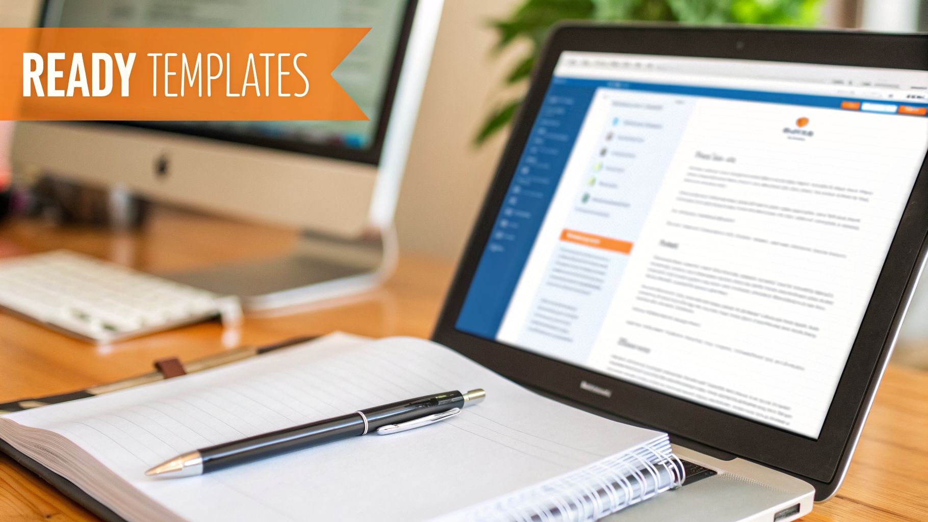A laptop showing ready templates next to a notebook and pen on a wooden desk.
