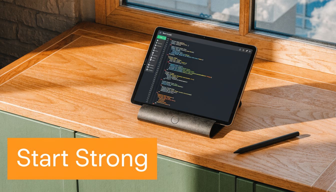 A tablet on a wooden windowsill displaying code with a digital pen resting nearby for development work.