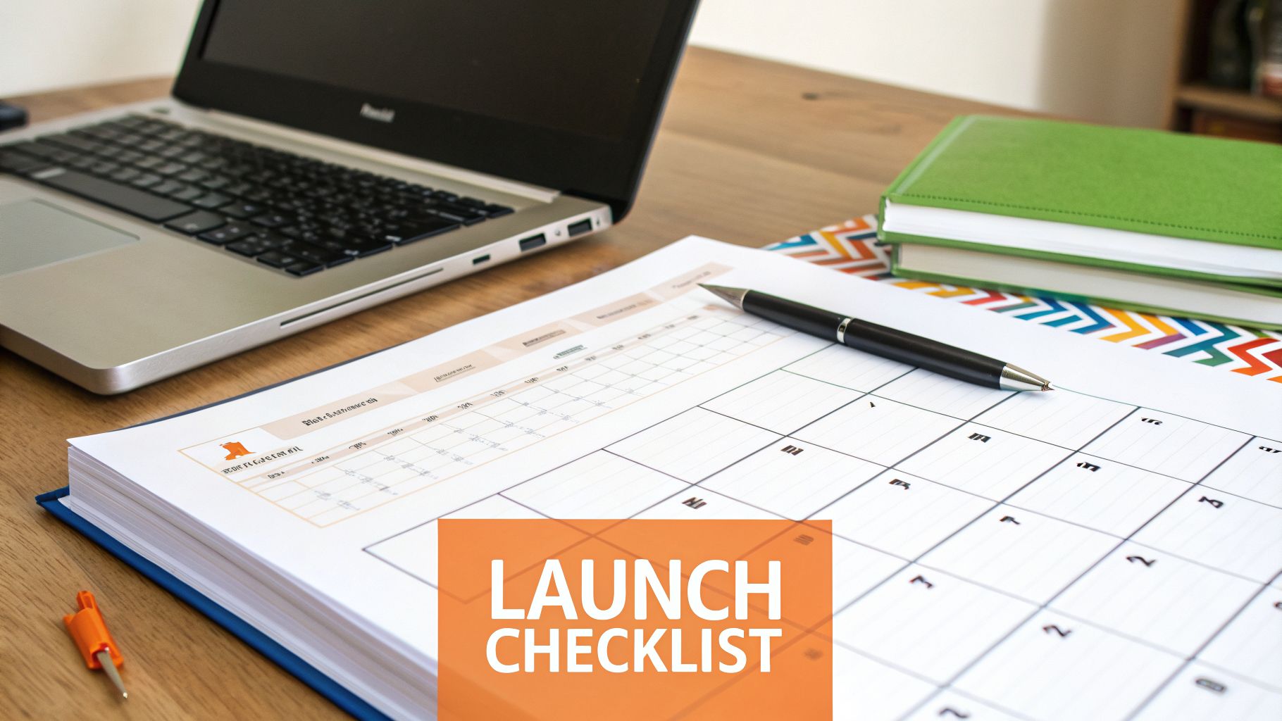 Desktop view with a laptop, open planner showing 'LAUNCH CHECKLIST', a pen, and green books for project planning.