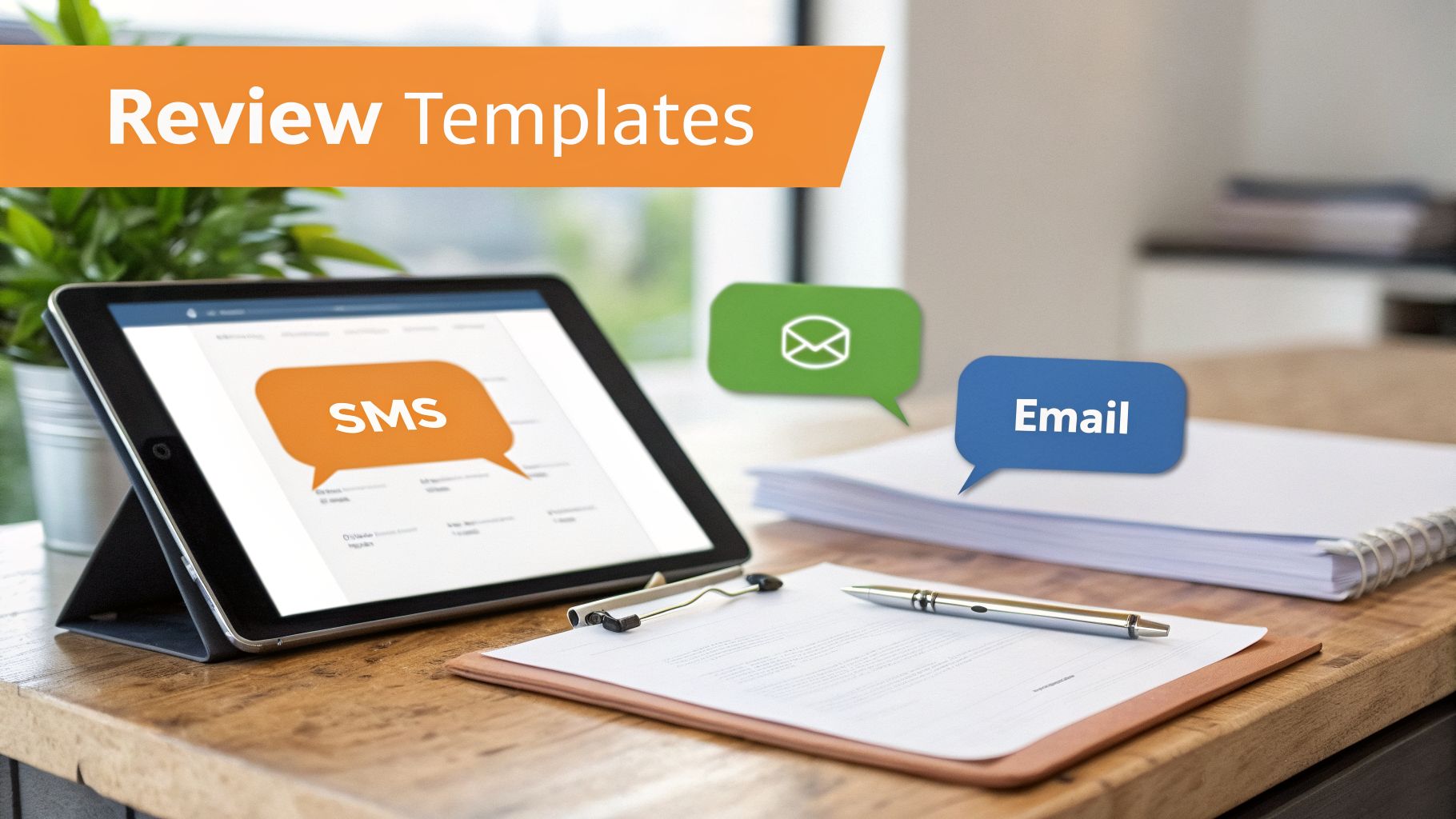 A desk with a tablet showing an SMS template, an email template bubble, and a banner for review templates.