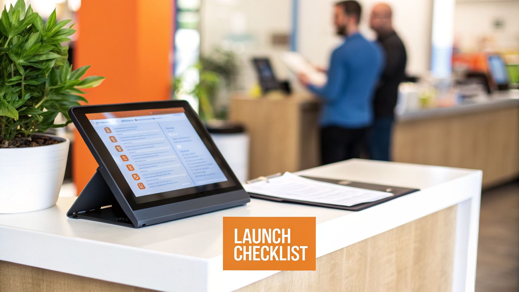 Close-up of a tablet showing a launch checklist on a white desk, with blurred people in an office.