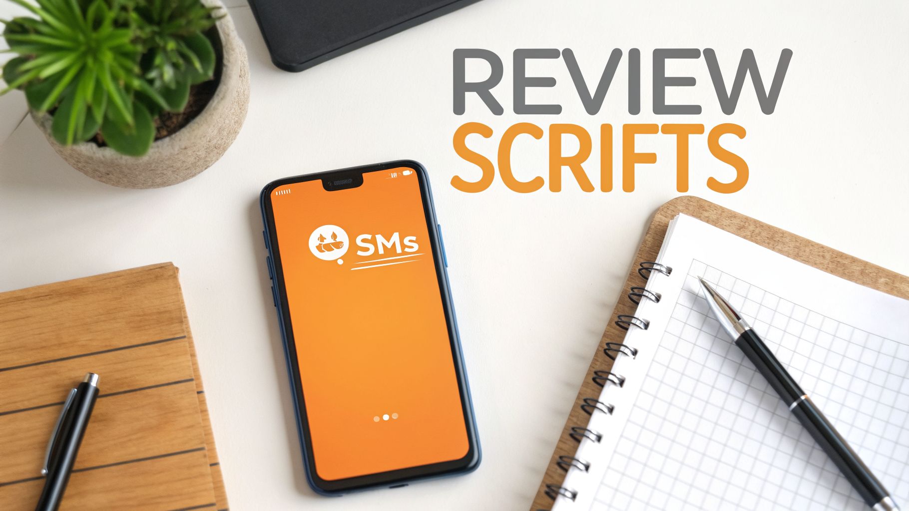 A flat lay of a desk with a phone showing 'SMS', a notebook, and text 'REVIEW SCRIPTS'.