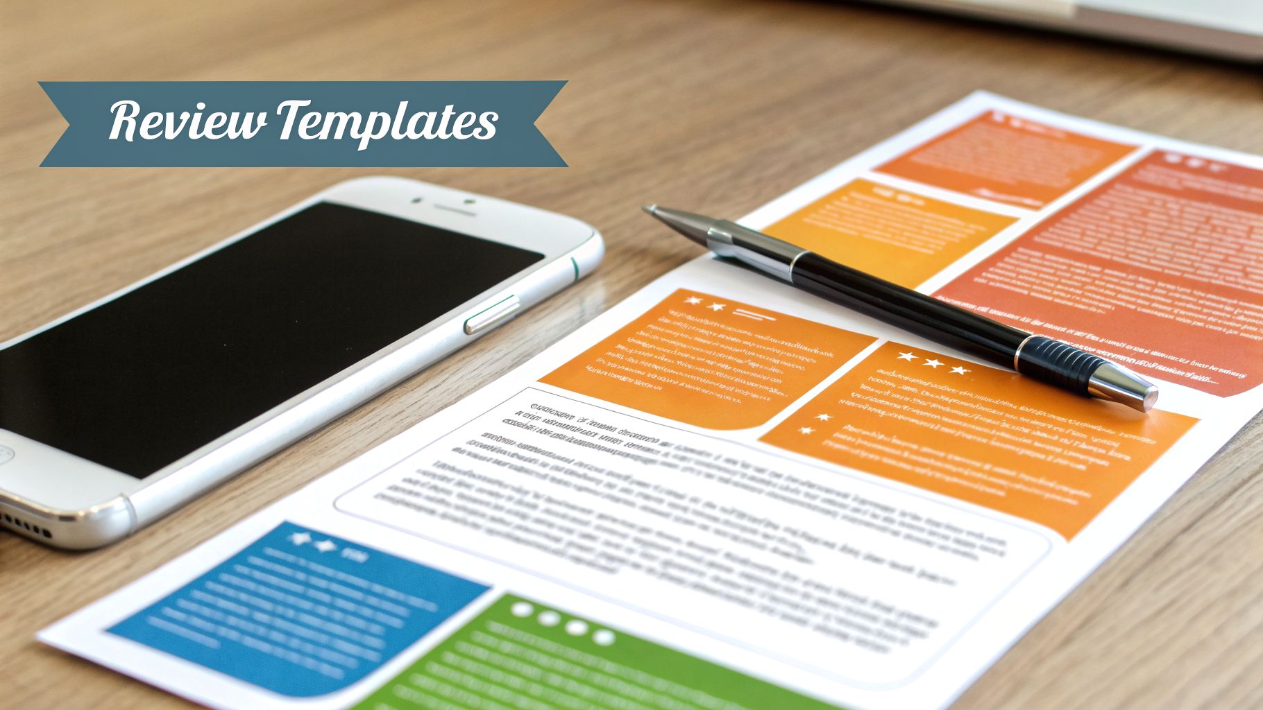 A flat lay of a smartphone, a pen, and a document with review templates and star ratings.