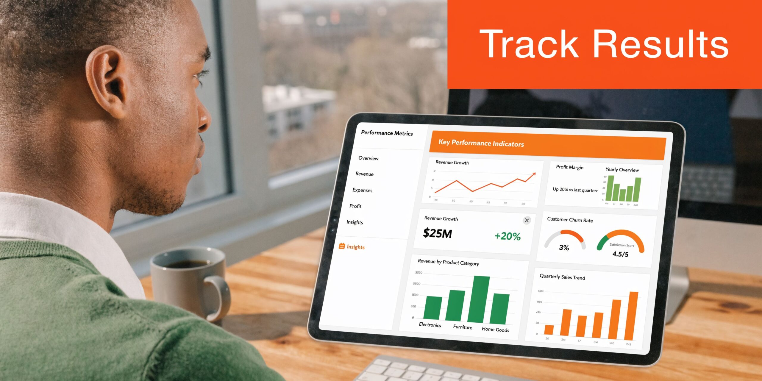 A person reviewing business performance metrics and key indicators on a digital tablet at a wooden desk.