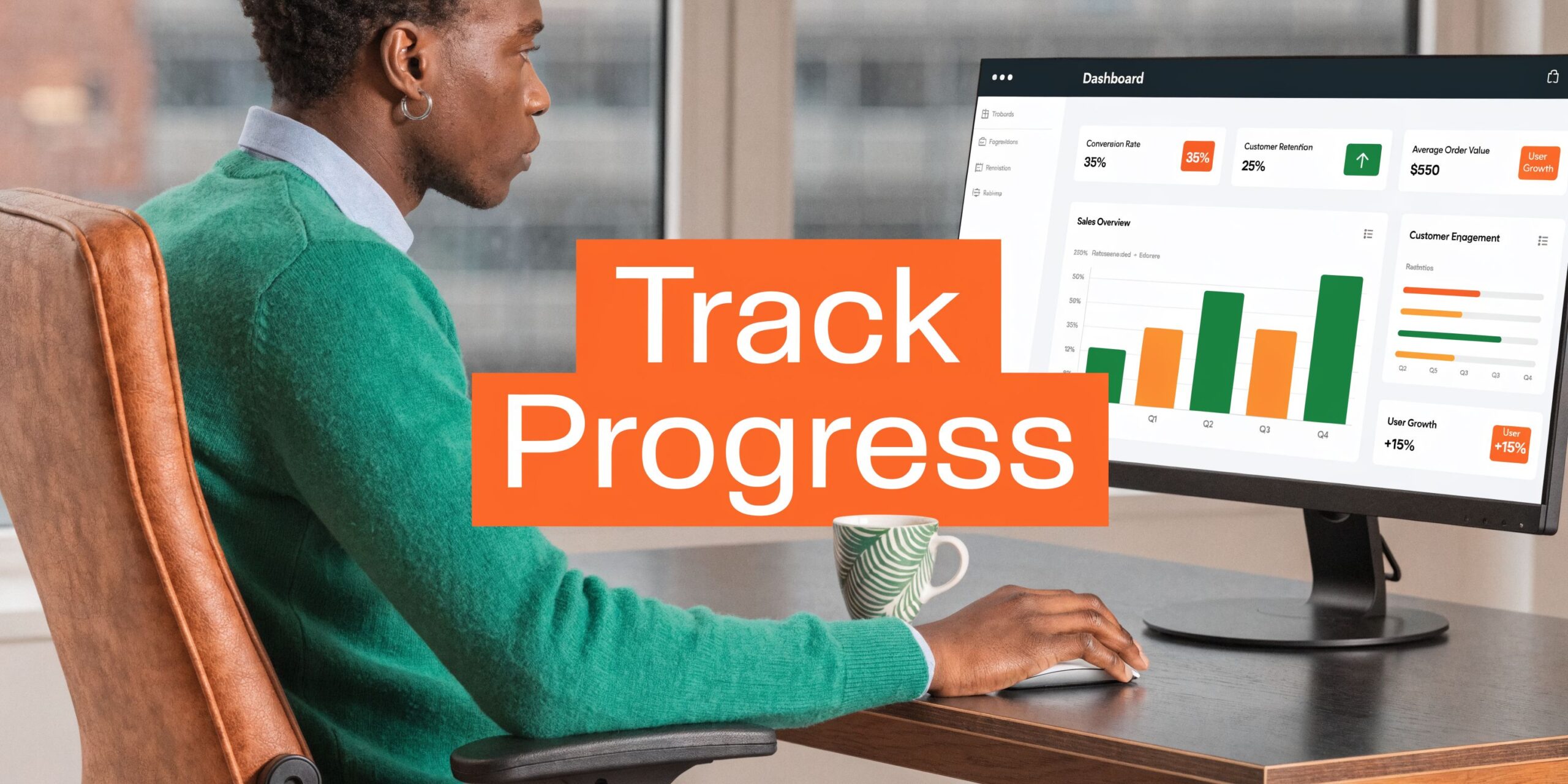 A professional analyzing business analytics and sales growth data on a desktop computer in an office environment.