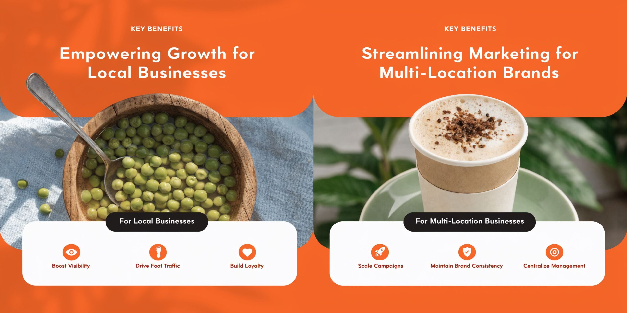 A split image showing benefits for local businesses and multi-location brands with icons and text.