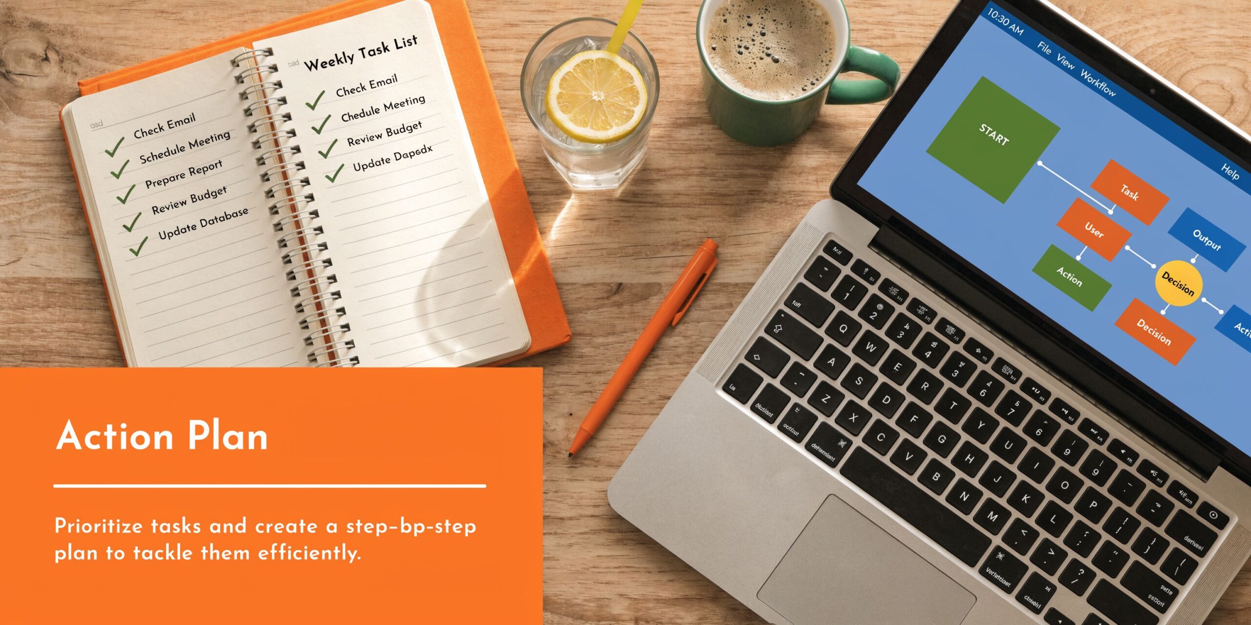 A top-down view of a modern desk with a laptop, notebook, pen, and coffee, emphasizing productivity planning.
