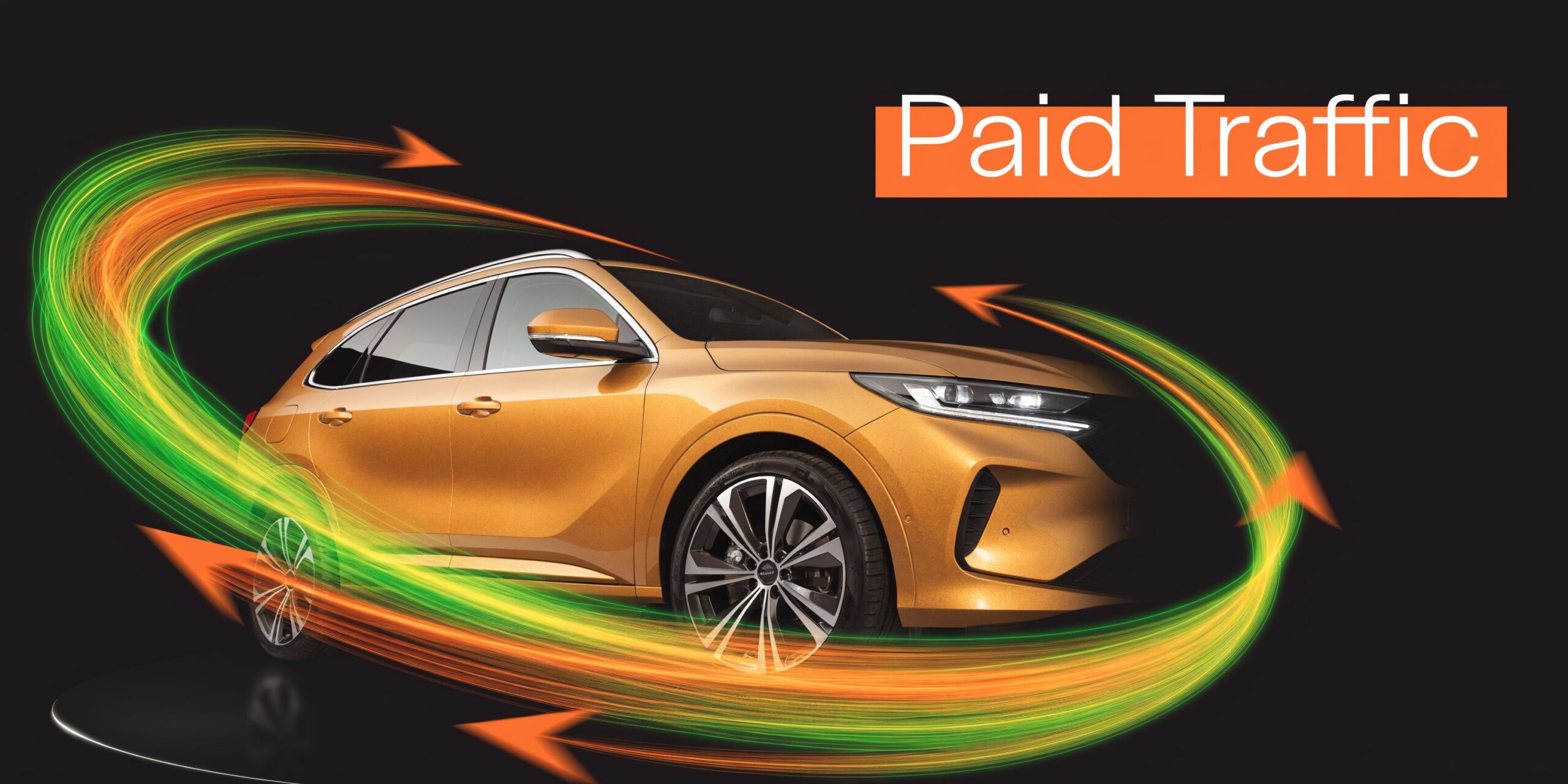 A modern gold SUV moving rapidly with abstract light streaks and arrows, representing paid advertising and growth.