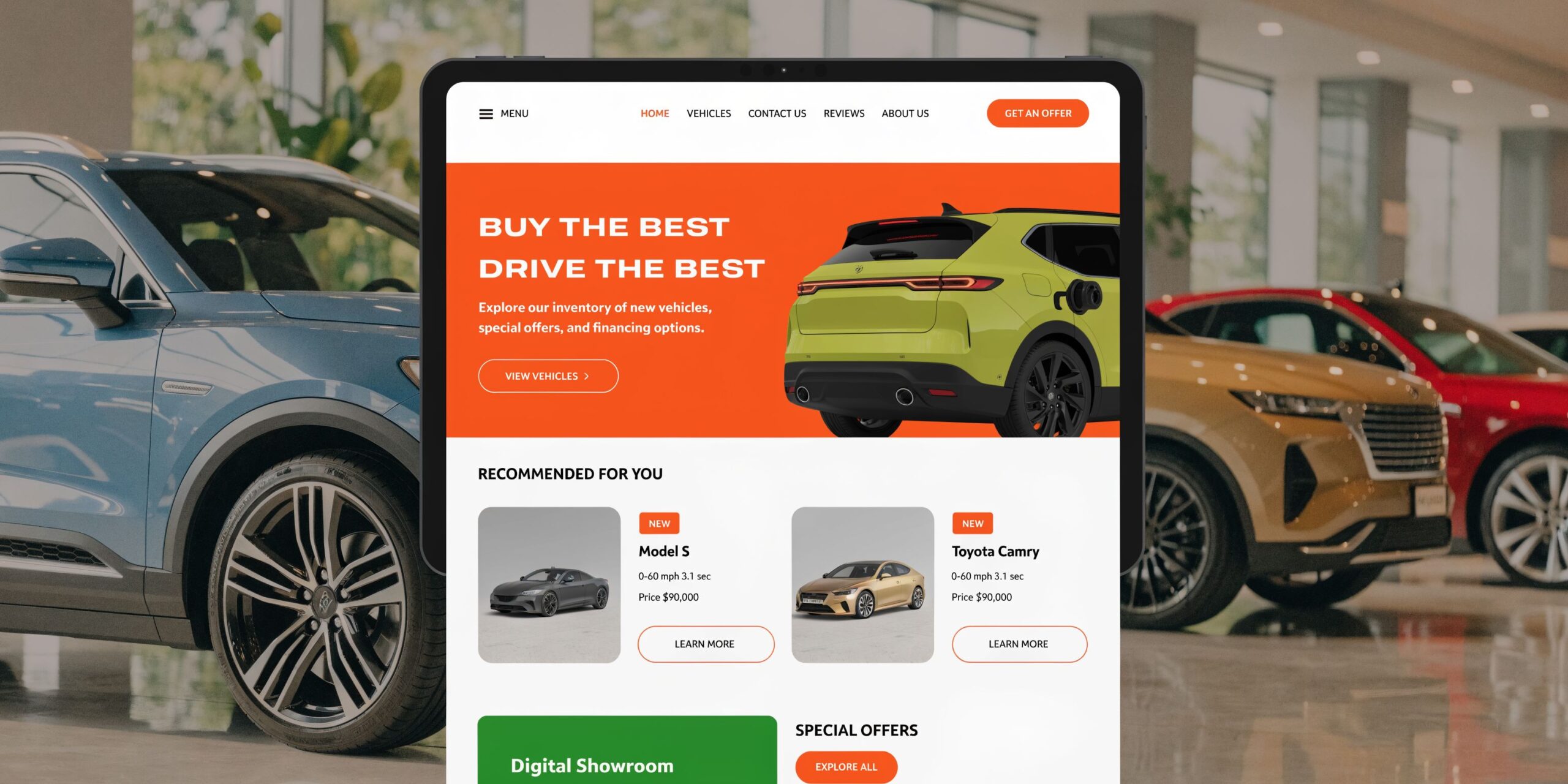 A digital tablet displaying a car dealership website landing page with featured vehicles and promotional offers.