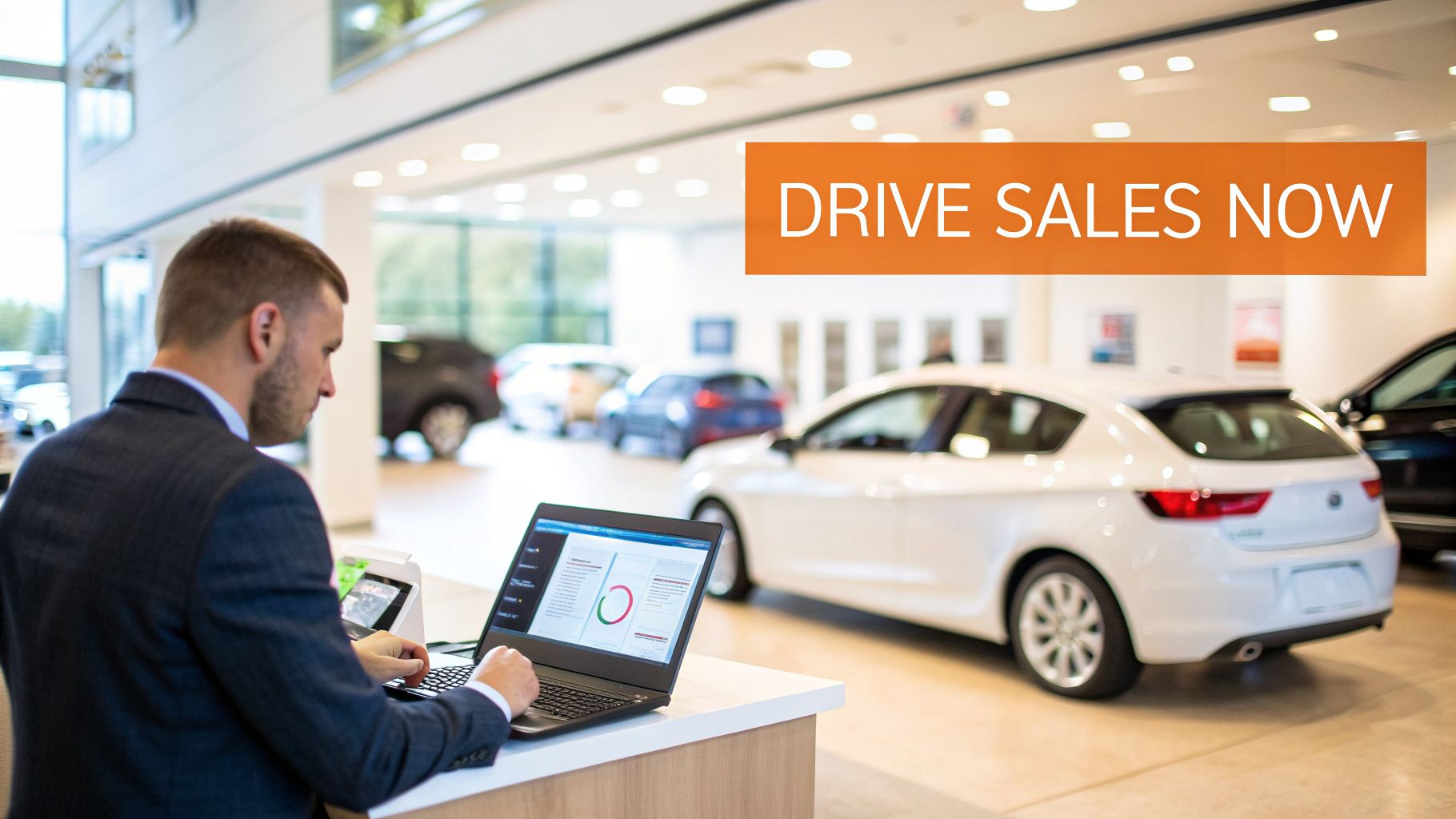 A man in a suit works on a laptop in a car dealership, reviewing sales data and analytics.