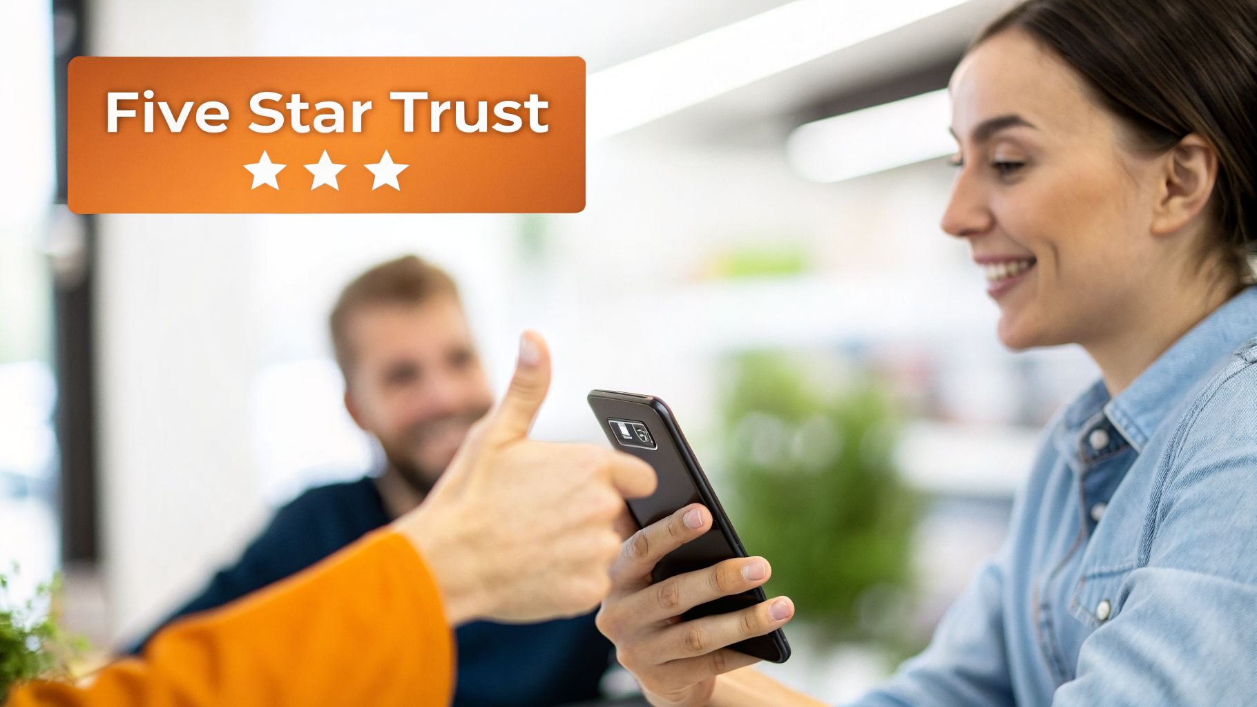 A happy woman views a smartphone while a hand gives a thumbs-up. An overlay says 'Five Star Trust' with three stars.