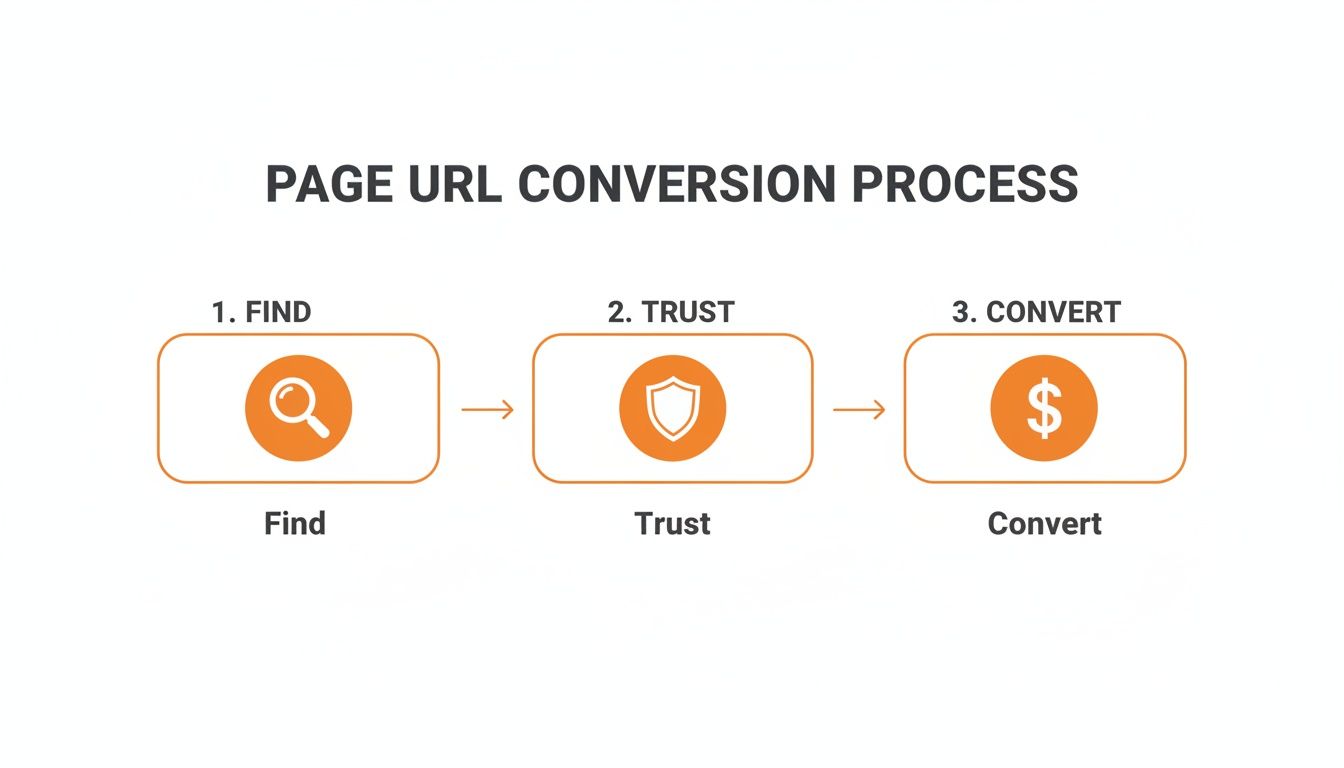 Diagram illustrating the page URL conversion process, showing steps: Find, Trust, and Convert.