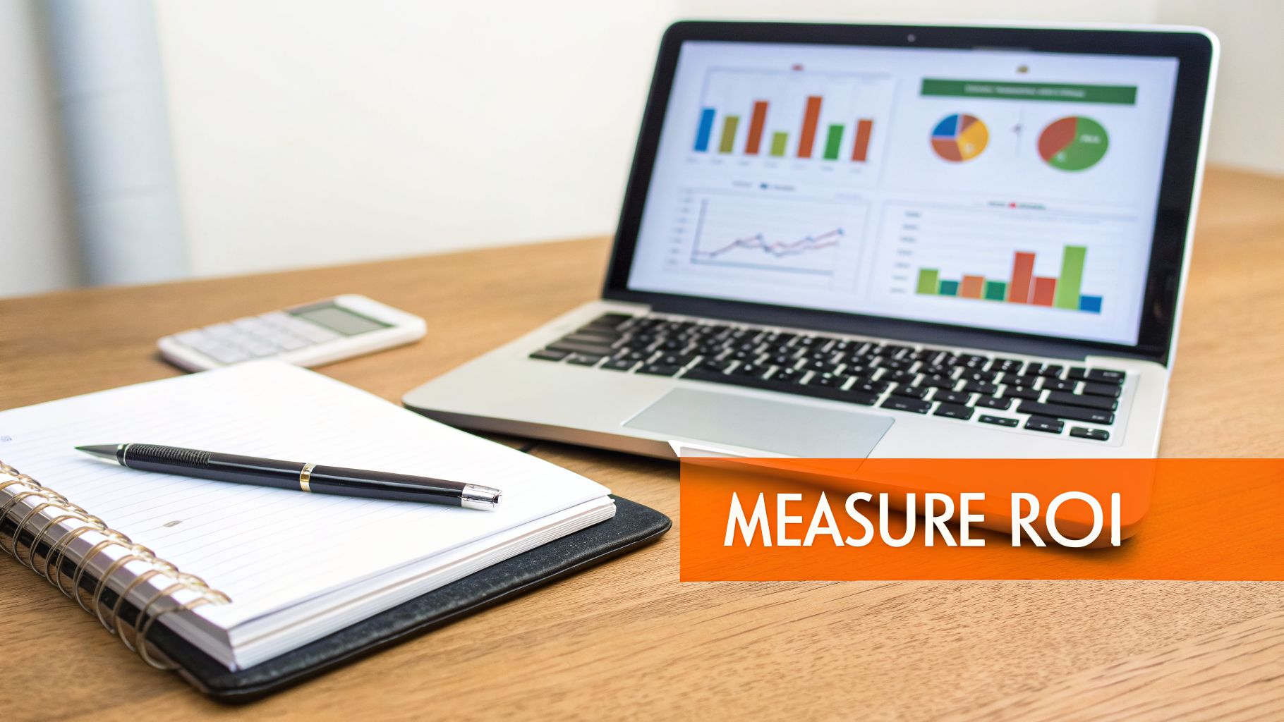 A laptop displaying ROI charts, notebook, pen, and calculator on a desk, with a 'MEASURE ROI' banner.
