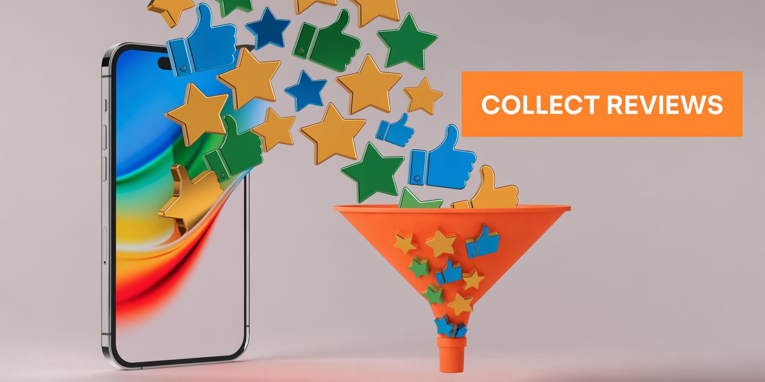 A smartphone emitting gold stars and blue thumbs-up icons into an orange funnel for collecting customer reviews.