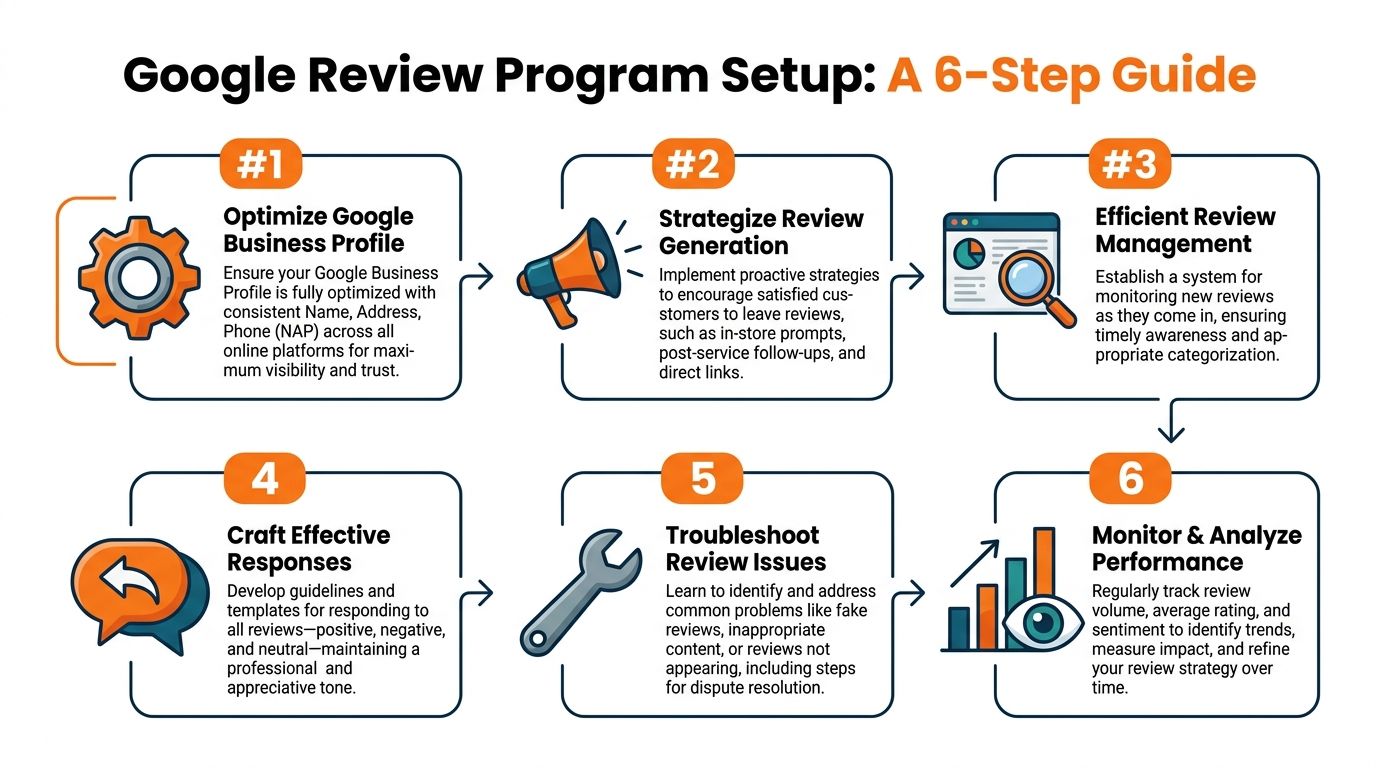 An infographic titled Google Review Program Setup A 6-Step Guide, illustrating steps for managing business reviews effectively.